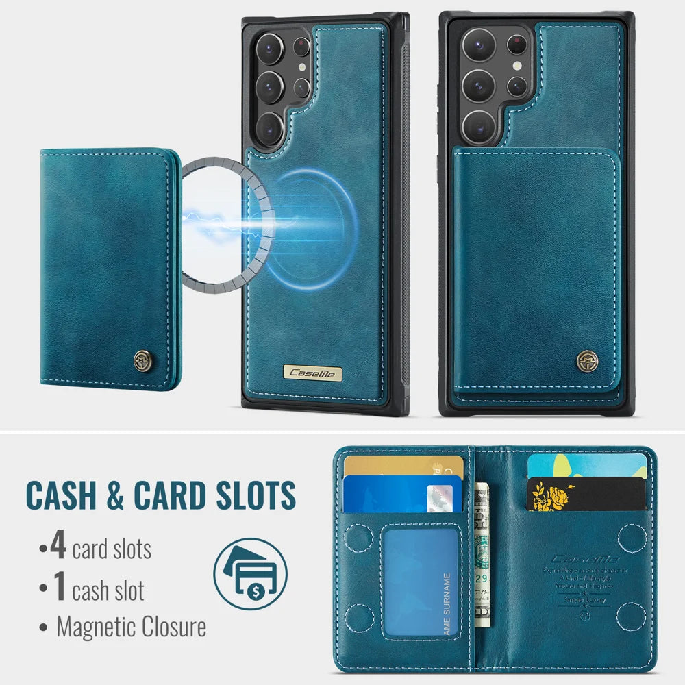 CASEME For Samsung Galaxy S22 Ultra 5G Magnetic Case  ME80 Series Leather PC TPU Phone Cover with Detachable Wallet - Green - 3