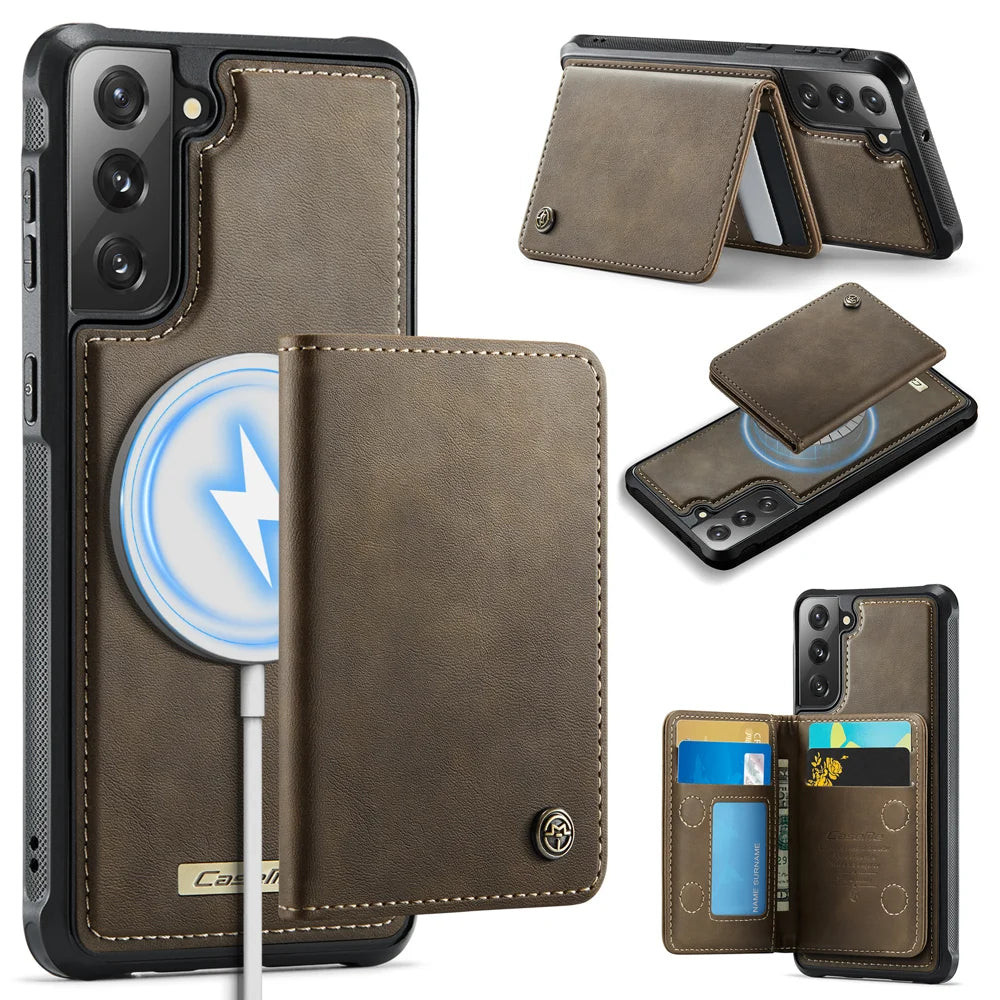 CASEME For Samsung Galaxy S21 FE 5G Magnetic Case  ME80 Series Leather PC TPU Phone Cover with Detachable Wallet - Coffee - 1