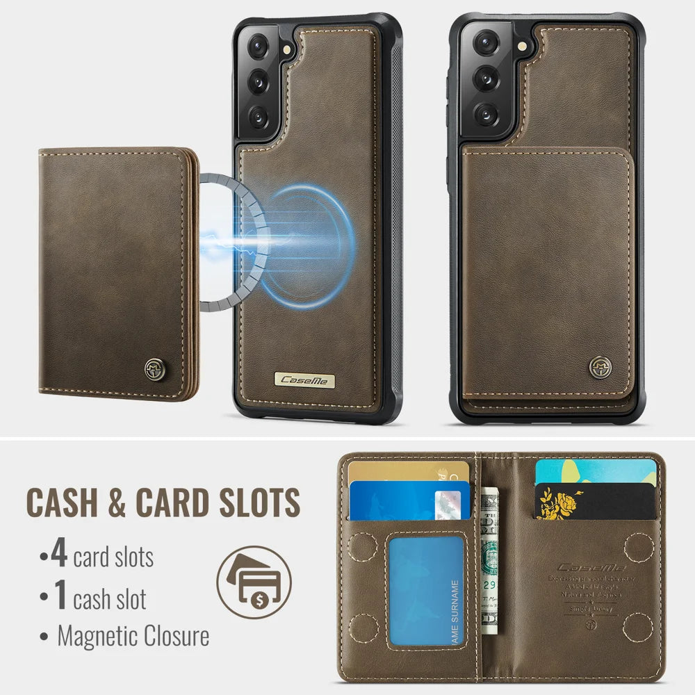 CASEME For Samsung Galaxy S21 FE 5G Magnetic Case  ME80 Series Leather PC TPU Phone Cover with Detachable Wallet - Coffee - 3