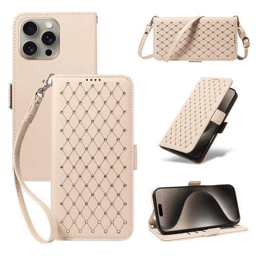 For iPhone 15 Pro Max Leather Case Rhinestone Decor Rhombus Pattern Wallet Stand Flip Phone Cover with Straps - Apricot - 1