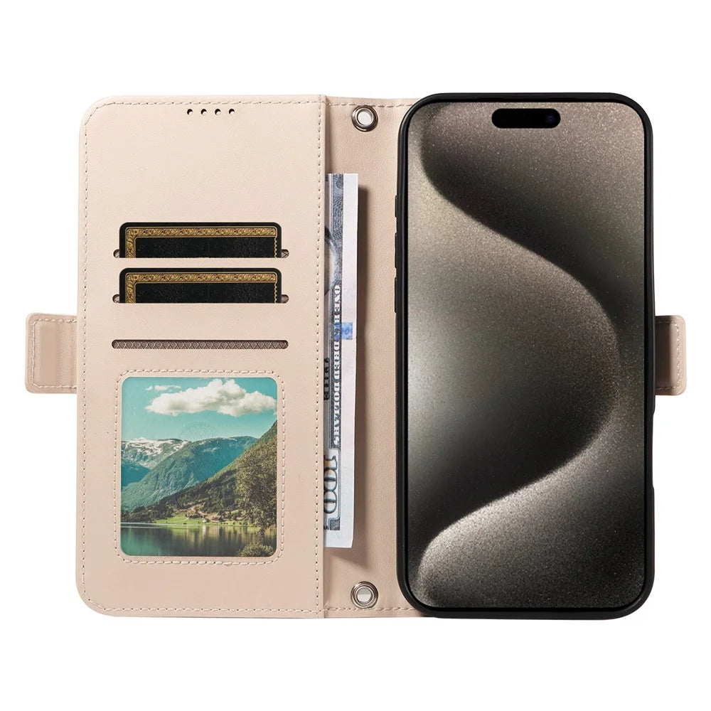 For iPhone 15 Pro Max Leather Case Rhinestone Decor Rhombus Pattern Wallet Stand Flip Phone Cover with Straps - Apricot - 2