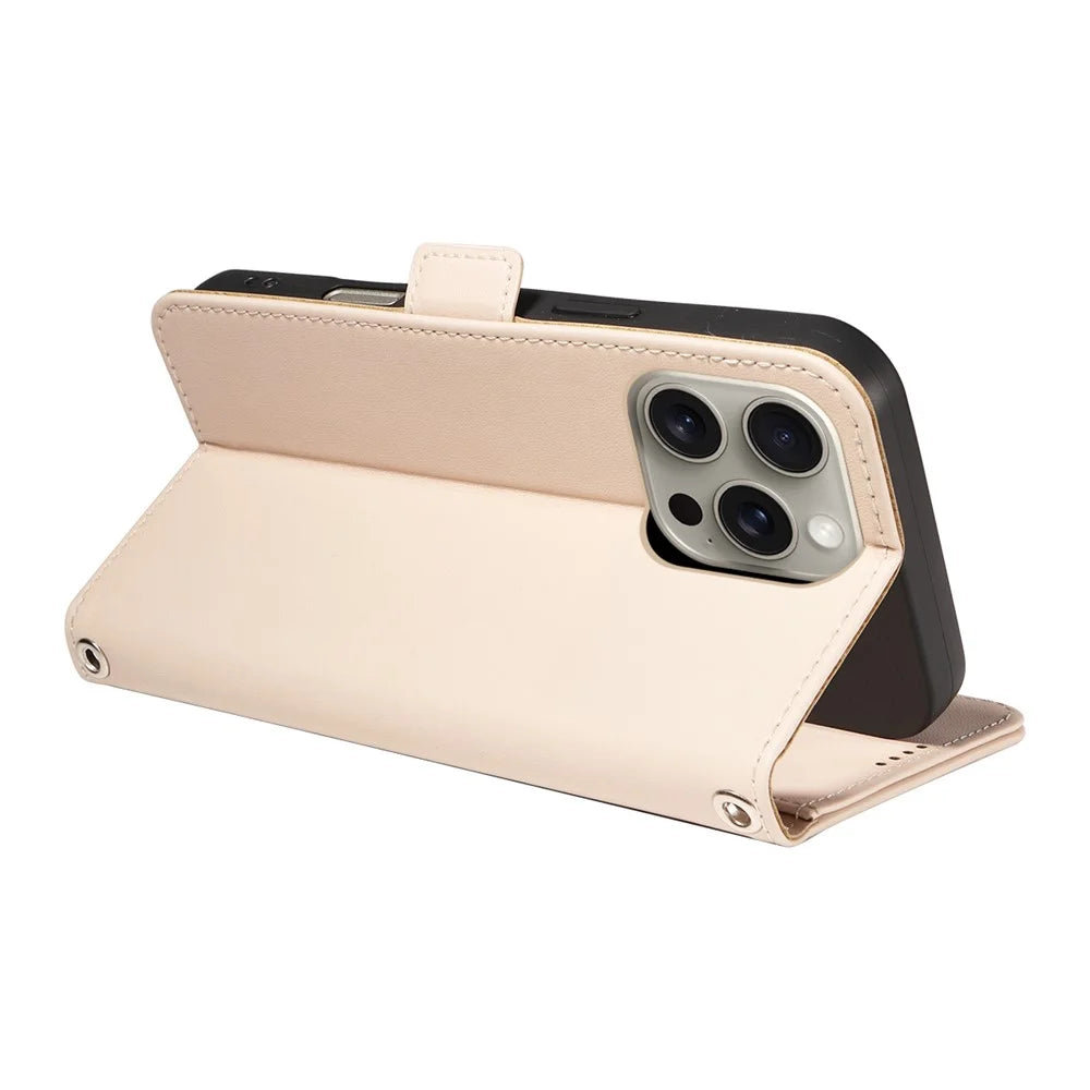 For iPhone 15 Pro Max Leather Case Rhinestone Decor Rhombus Pattern Wallet Stand Flip Phone Cover with Straps - Apricot - 4