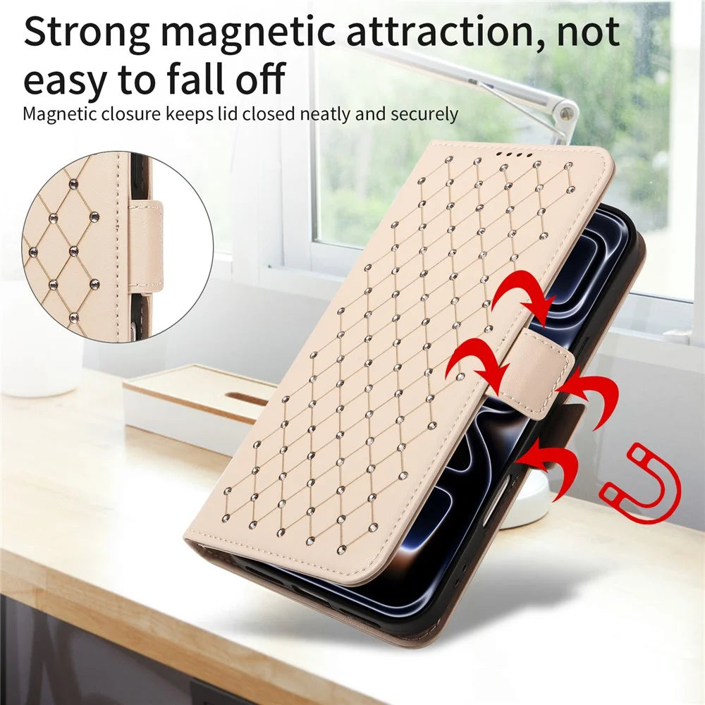 For iPhone 15 Pro Max Leather Case Rhinestone Decor Rhombus Pattern Wallet Stand Flip Phone Cover with Straps - Apricot - 6