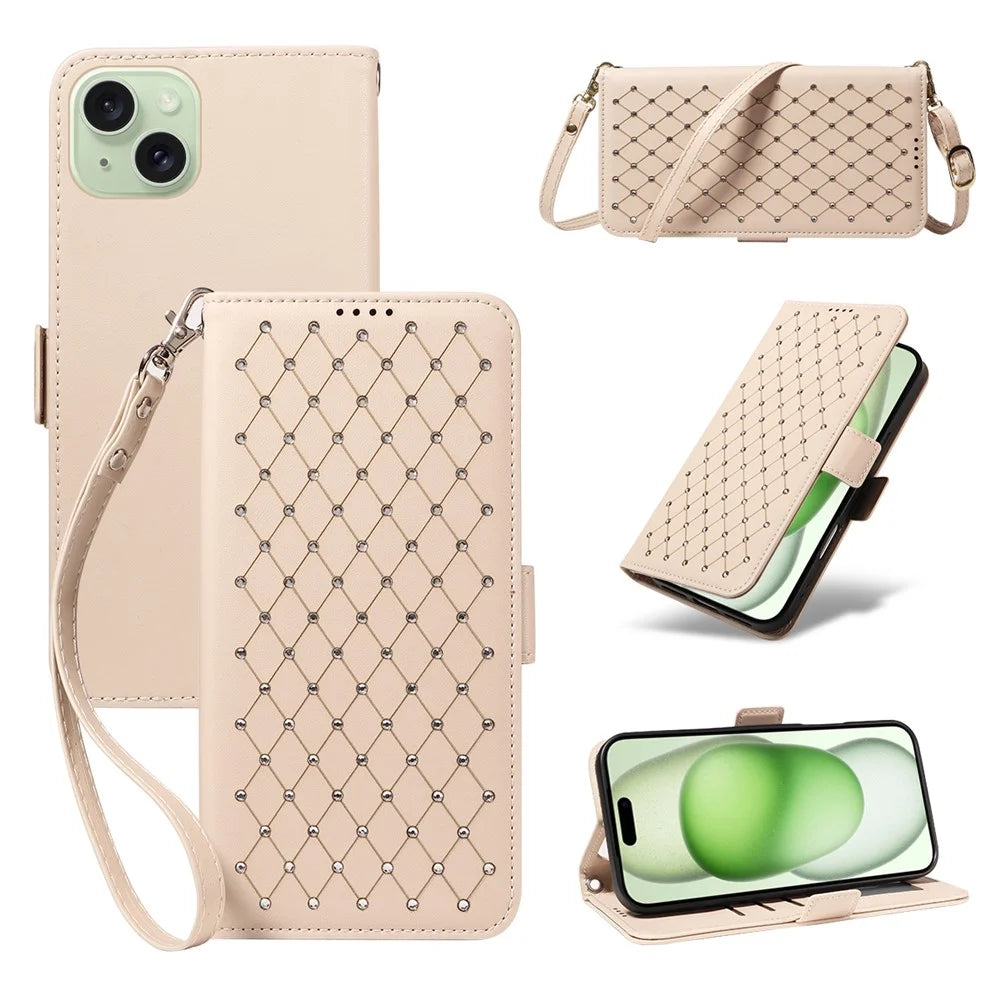 For iPhone 15 Plus Leather Case Rhinestone Decor Rhombus Pattern Wallet Stand Flip Phone Cover with Straps - Apricot - 1