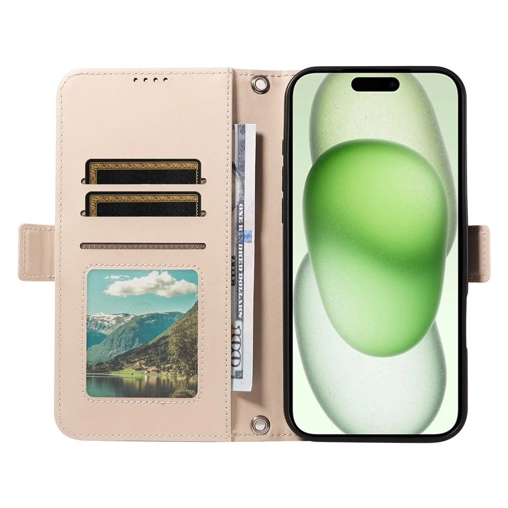 For iPhone 15 Plus Leather Case Rhinestone Decor Rhombus Pattern Wallet Stand Flip Phone Cover with Straps - Apricot - 2