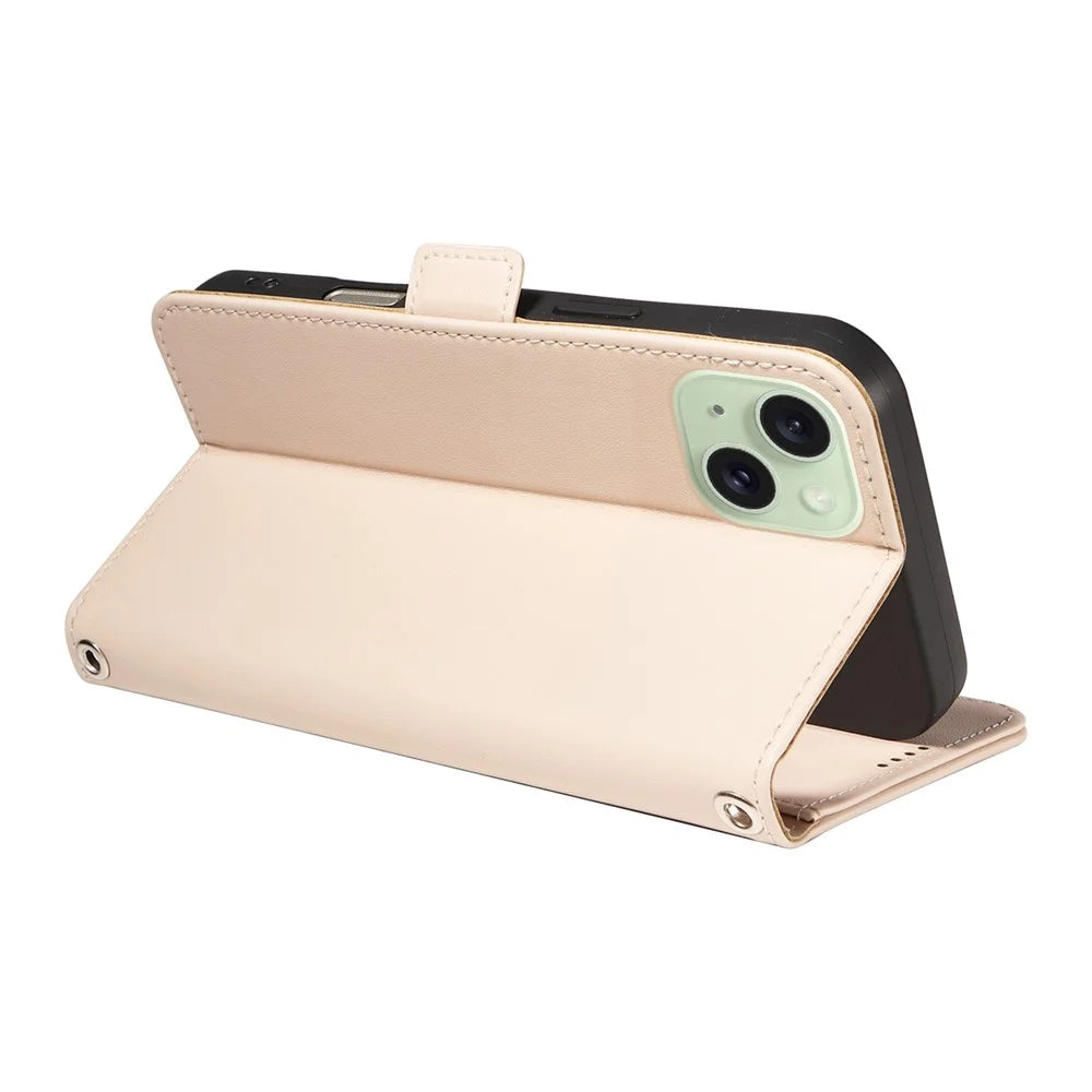 For iPhone 15 Plus Leather Case Rhinestone Decor Rhombus Pattern Wallet Stand Flip Phone Cover with Straps - Apricot - 4