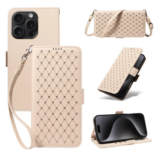 For iPhone 15 Pro Leather Case Rhinestone Decor Rhombus Pattern Wallet Stand Flip Phone Cover with Straps - Apricot - 1