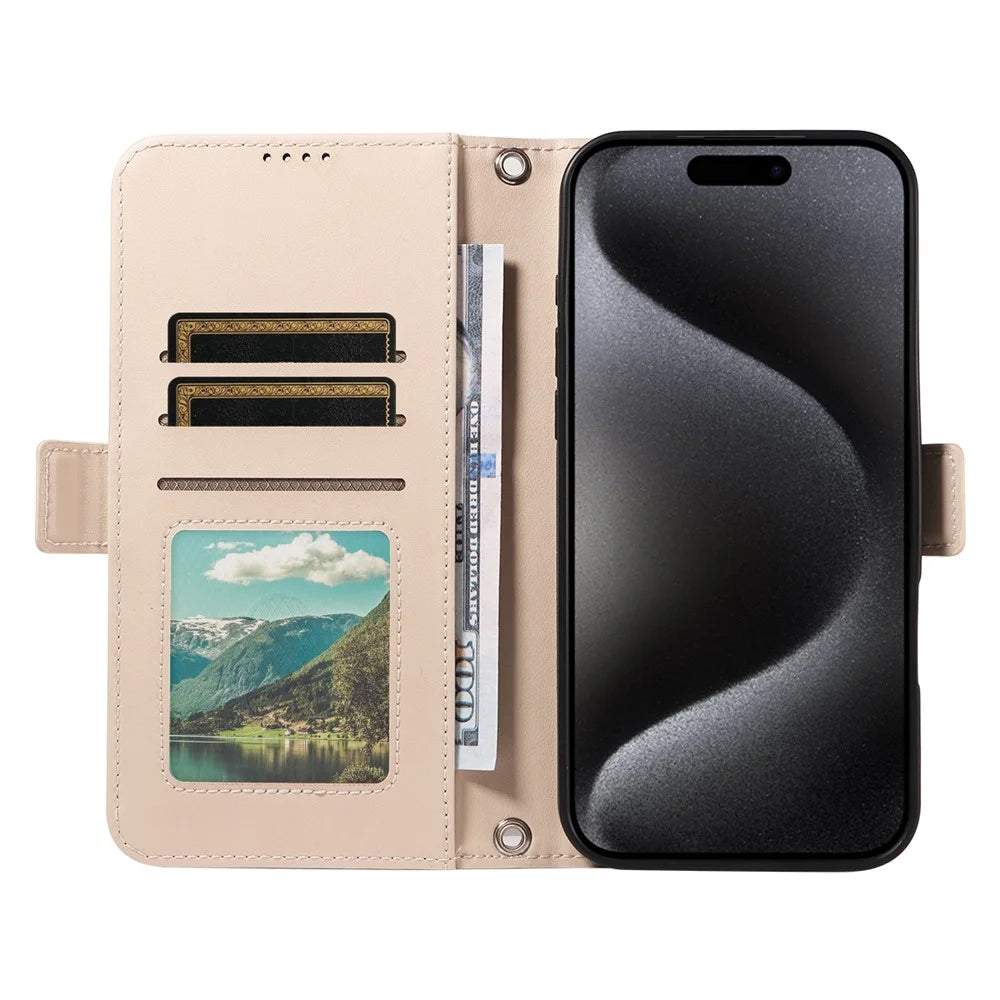 For iPhone 15 Pro Leather Case Rhinestone Decor Rhombus Pattern Wallet Stand Flip Phone Cover with Straps - Apricot - 2