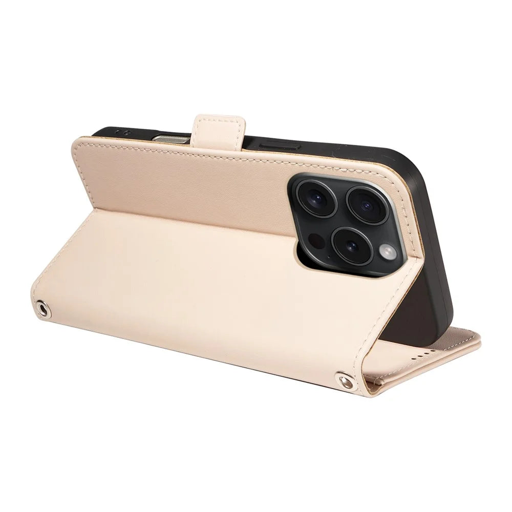 For iPhone 15 Pro Leather Case Rhinestone Decor Rhombus Pattern Wallet Stand Flip Phone Cover with Straps - Apricot - 4