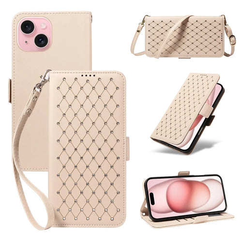 For iPhone 15 Leather Case Rhinestone Decor Rhombus Pattern Wallet Stand Flip Phone Cover with Straps - Apricot - 1