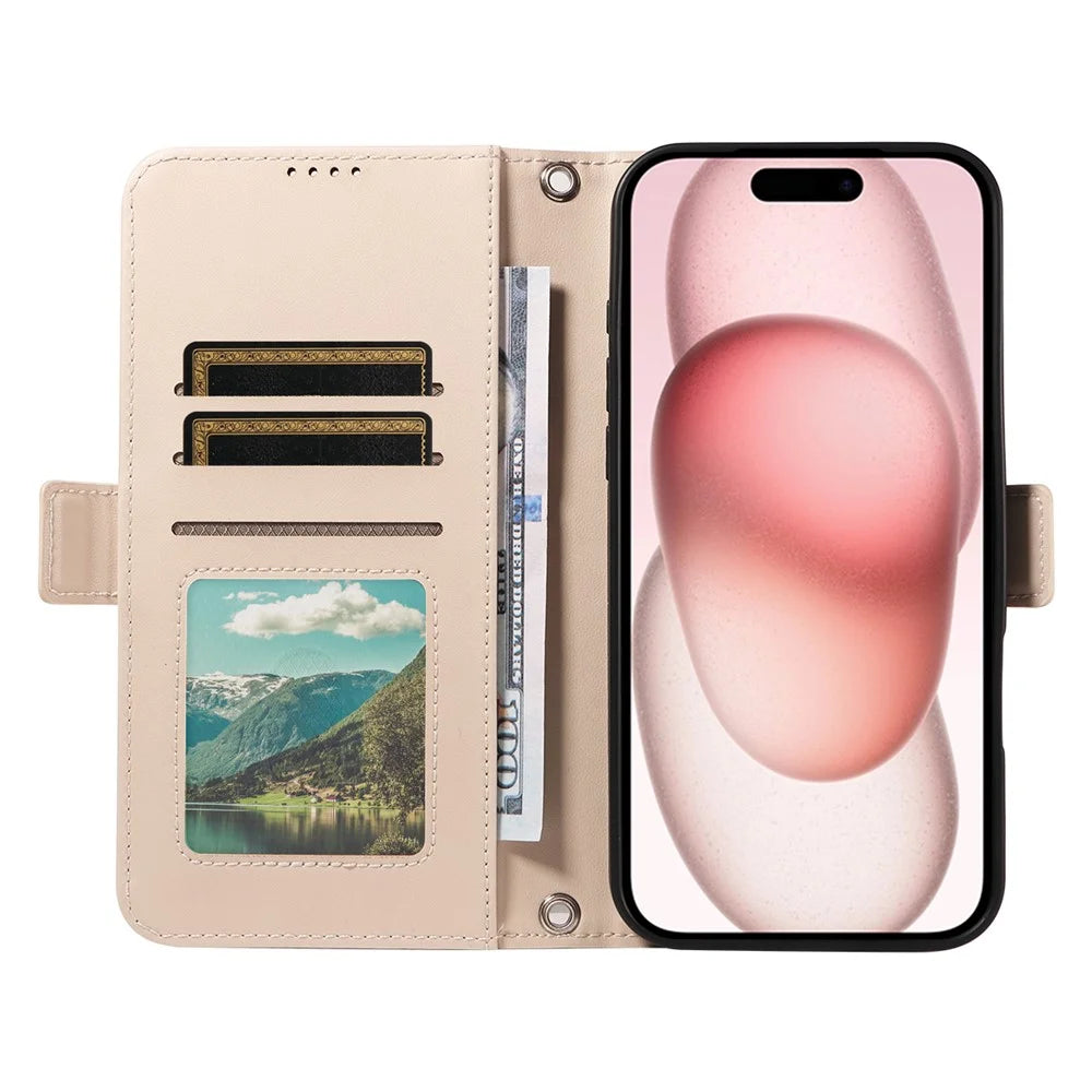 For iPhone 15 Leather Case Rhinestone Decor Rhombus Pattern Wallet Stand Flip Phone Cover with Straps - Apricot - 2
