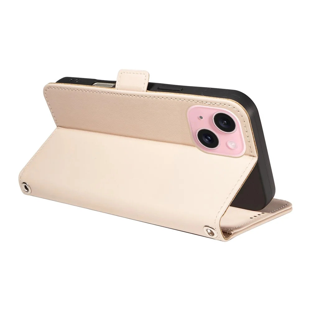 For iPhone 15 Leather Case Rhinestone Decor Rhombus Pattern Wallet Stand Flip Phone Cover with Straps - Apricot - 3