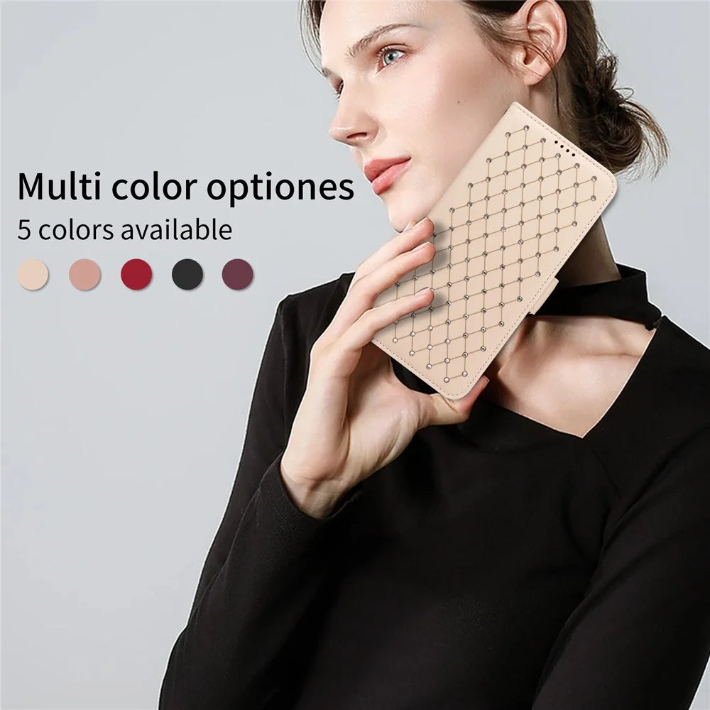 For iPhone 15 Leather Case Rhinestone Decor Rhombus Pattern Wallet Stand Flip Phone Cover with Straps - Apricot - 5