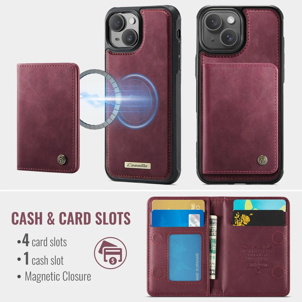 CASEME For iPhone 13 Magnetic Case  ME80 Series Leather PC TPU Phone Cover with Detachable Wallet - Red - 3