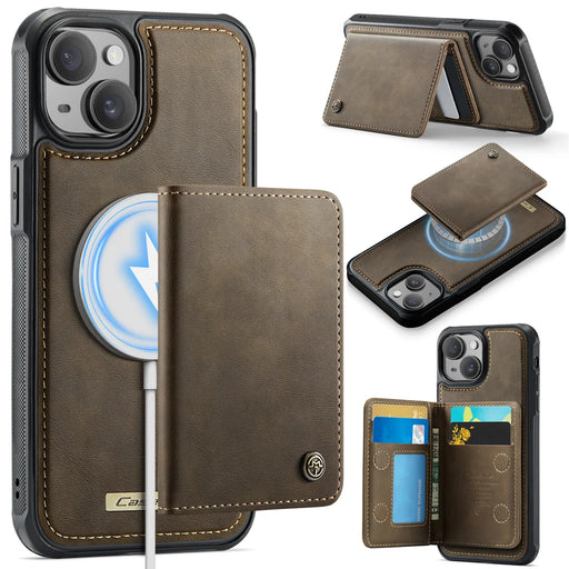 CASEME For iPhone 14 Magnetic Case  ME80 Series Leather PC TPU Phone Cover with Detachable Wallet - Coffee - 1