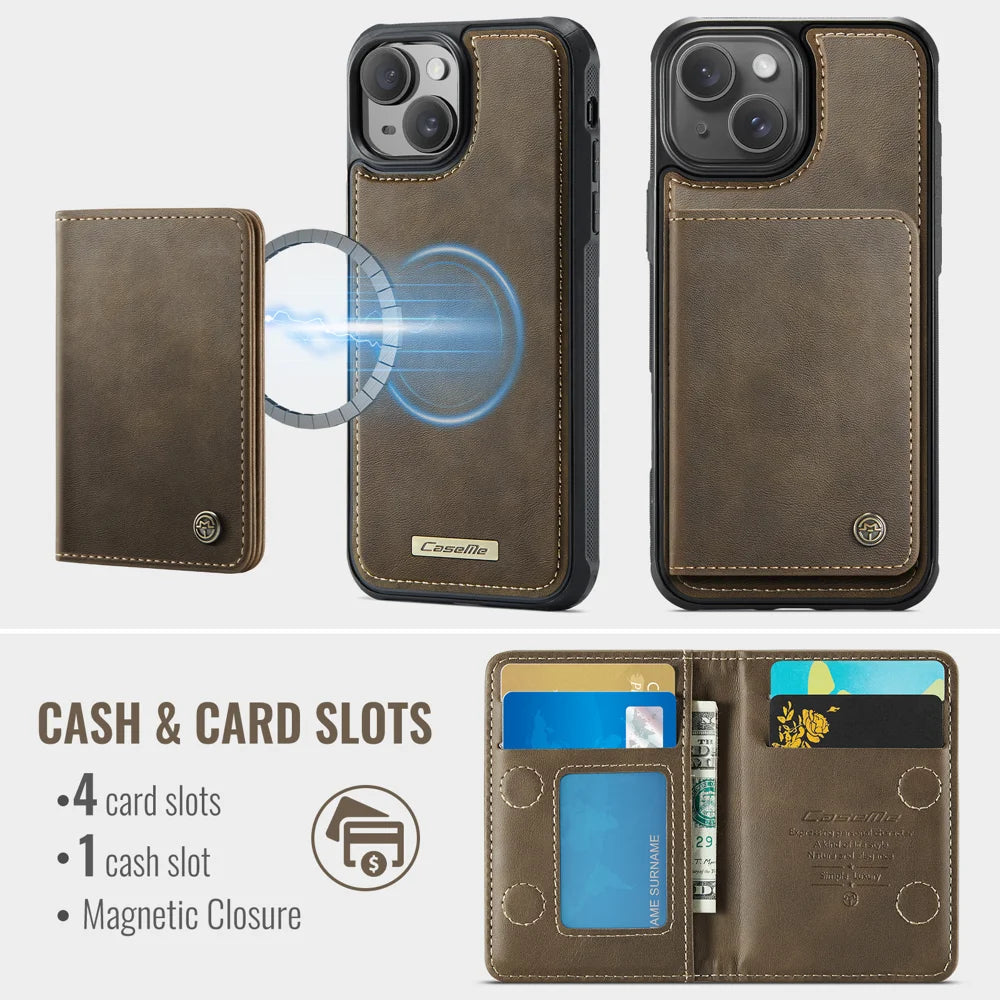 CASEME For iPhone 14 Magnetic Case  ME80 Series Leather PC TPU Phone Cover with Detachable Wallet - Coffee - 3