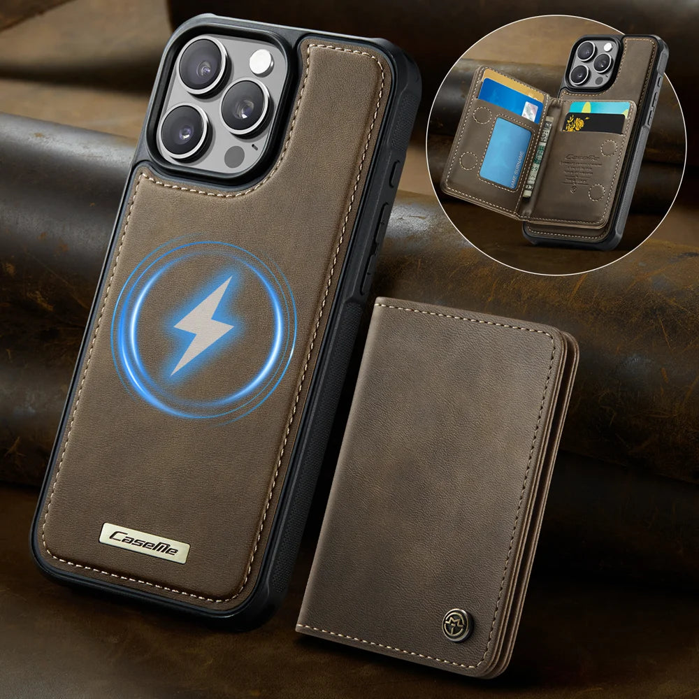 CASEME For iPhone 14 Pro Magnetic Case  ME80 Series Leather PC TPU Phone Cover with Detachable Wallet - Coffee - 2