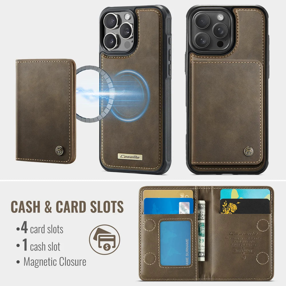 CASEME For iPhone 14 Pro Max Magnetic Case  ME80 Series Leather PC TPU Phone Cover with Detachable Wallet - Coffee - 3