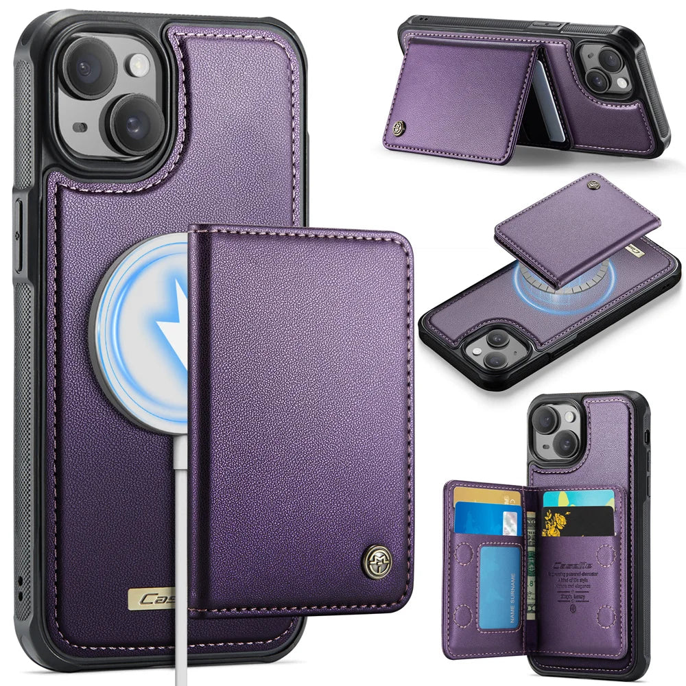 CASEME For iPhone 15 Magnetic Case  ME80 Series Leather PC TPU Phone Cover with Detachable Wallet - Purple - 1