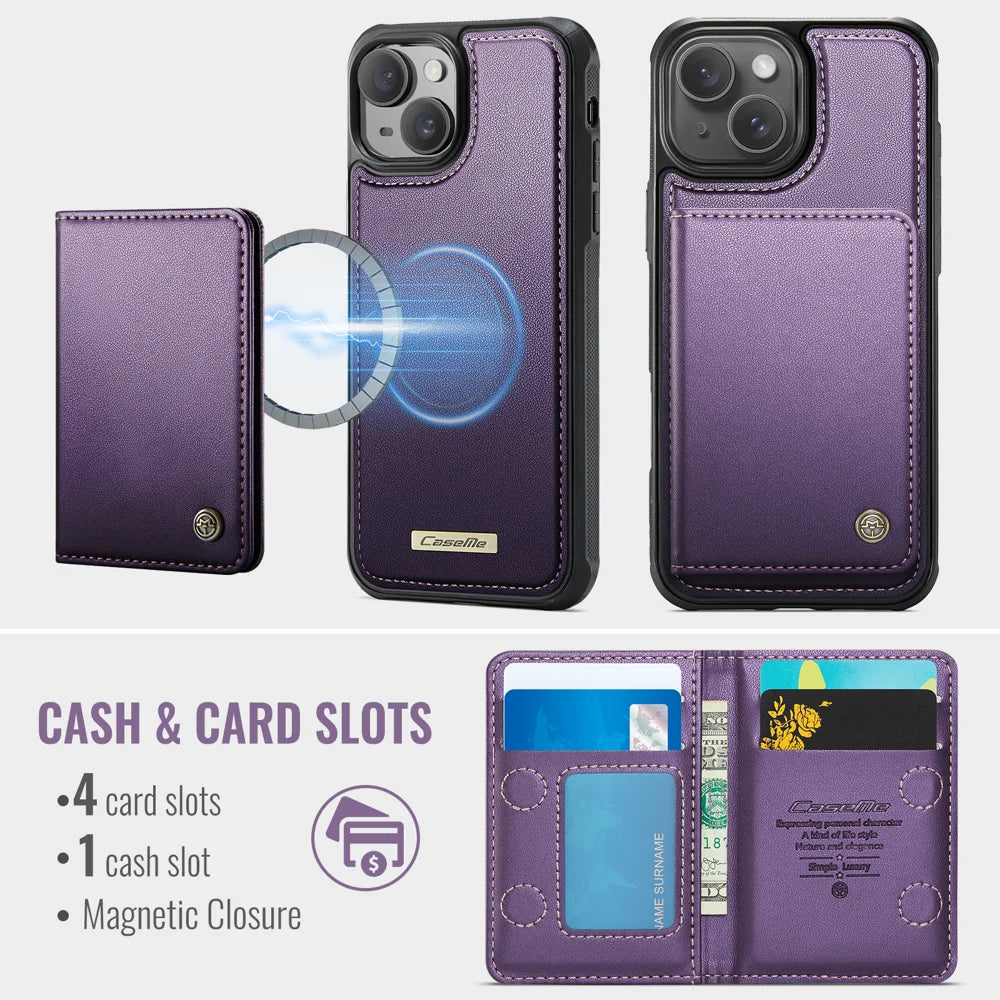 CASEME For iPhone 15 Magnetic Case  ME80 Series Leather PC TPU Phone Cover with Detachable Wallet - Purple - 3