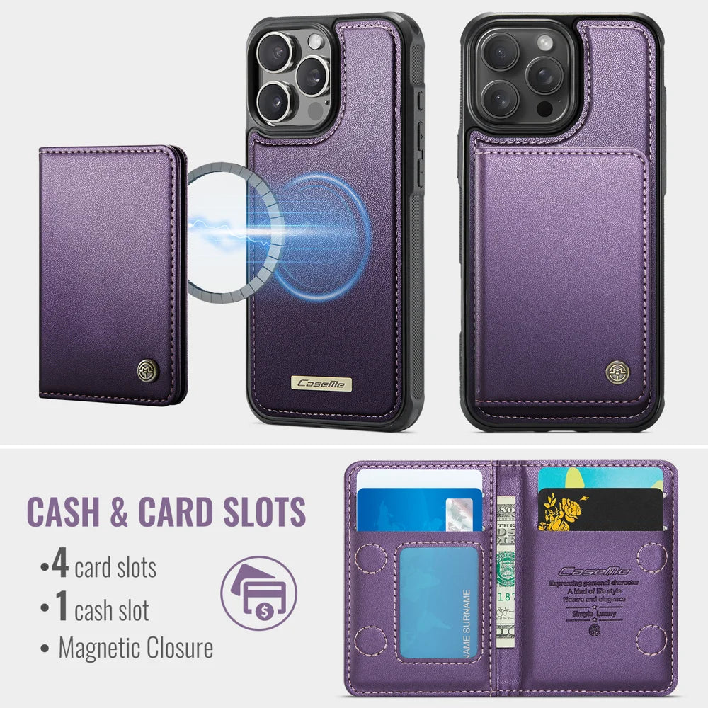 CASEME For iPhone 15 Pro Max Magnetic Case  ME80 Series Leather PC TPU Phone Cover with Detachable Wallet - Purple - 3