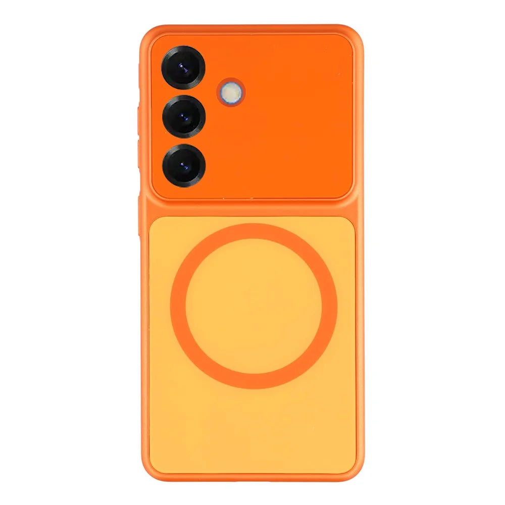 For Samsung Galaxy S26 Magnetic Case PC Phone Cover with AG Corning Glass Lens Film - Orange - 1