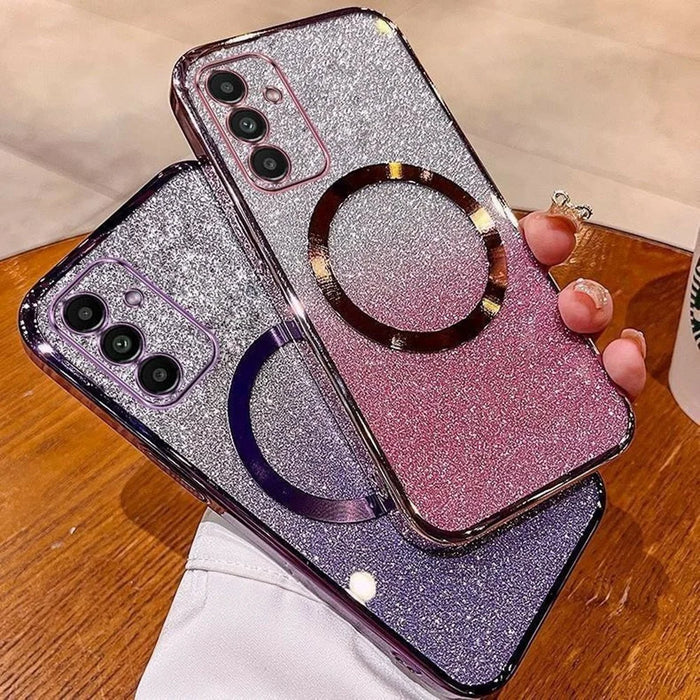 For Samsung Galaxy S26 Magnetic Case Electroplated Gradient Glitter TPU Phone Cover - Rose Gold - 3