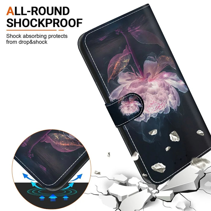 For Samsung Galaxy A37 5G Wallet Phone Case Anti-Drop Pattern Printing Leather Flip Cover with Strap - Purple Peony - 4