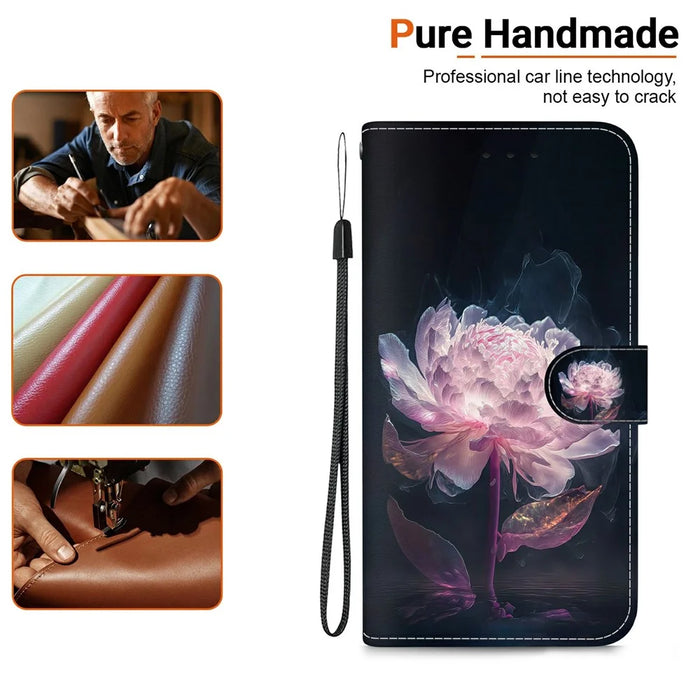 For Samsung Galaxy A37 5G Wallet Phone Case Anti-Drop Pattern Printing Leather Flip Cover with Strap - Purple Peony - 6