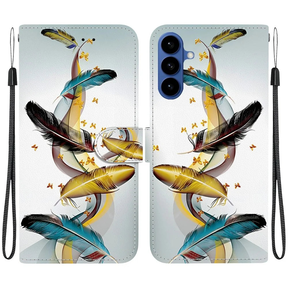 For Samsung Galaxy A37 5G Case Pattern Printing Leather Flip Wallet Phone Cover with Lanyard - Golden Butterfly Feather - 1