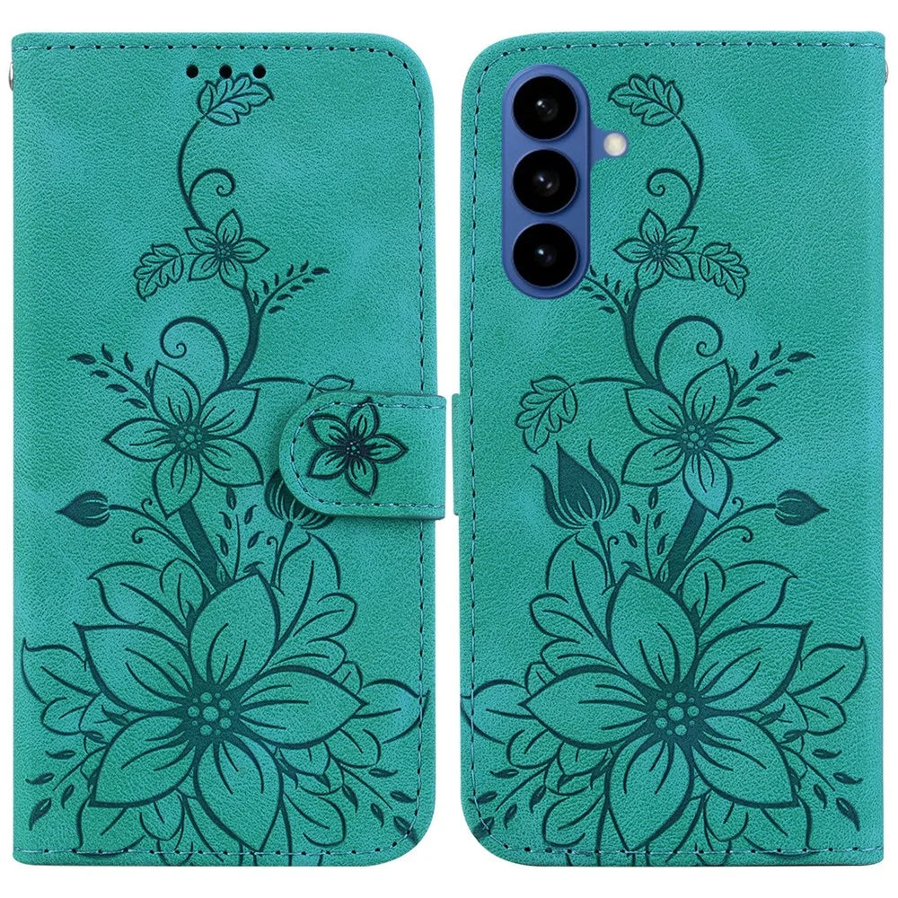 For Samsung Galaxy A37 5G Stand Case Lily Flower Imprint Leather Phone Cover with Wrist Strap - Green - 1