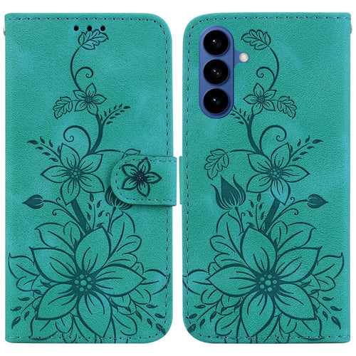 For Samsung Galaxy A37 5G Stand Case Lily Flower Imprint Leather Phone Cover with Wrist Strap - Green - 1