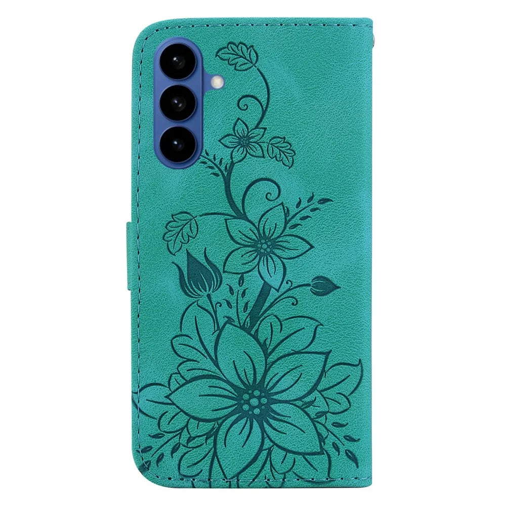 For Samsung Galaxy A37 5G Stand Case Lily Flower Imprint Leather Phone Cover with Wrist Strap - Green - 7