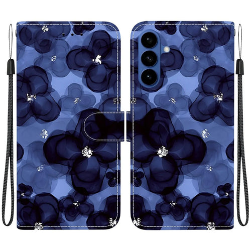 For Samsung Galaxy A37 5G Wallet Case Pattern Printing Leather Stand Phone Cover with Strap - Ink Blue Flower - 1