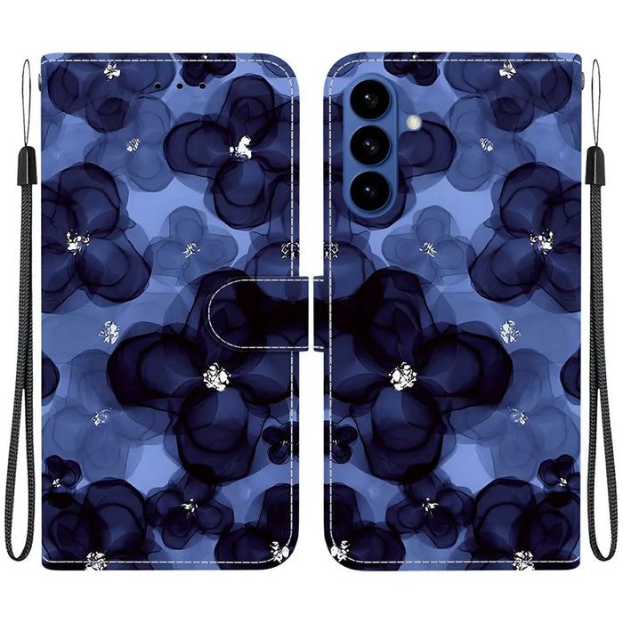 For Samsung Galaxy A37 5G Wallet Case Pattern Printing Leather Stand Phone Cover with Strap - Ink Blue Flower - 1