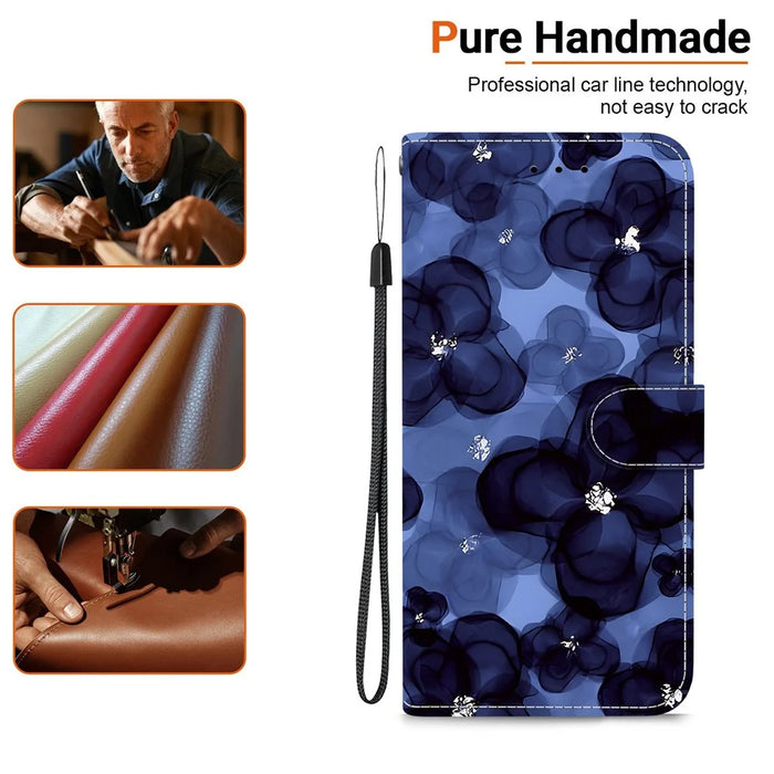 For Samsung Galaxy A37 5G Wallet Case Pattern Printing Leather Stand Phone Cover with Strap - Ink Blue Flower - 4