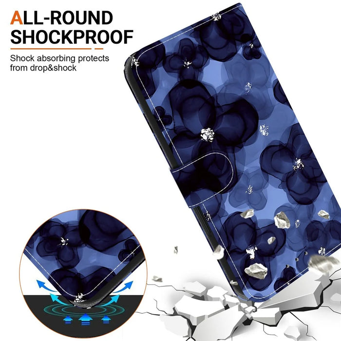 For Samsung Galaxy A37 5G Wallet Case Pattern Printing Leather Stand Phone Cover with Strap - Ink Blue Flower - 6