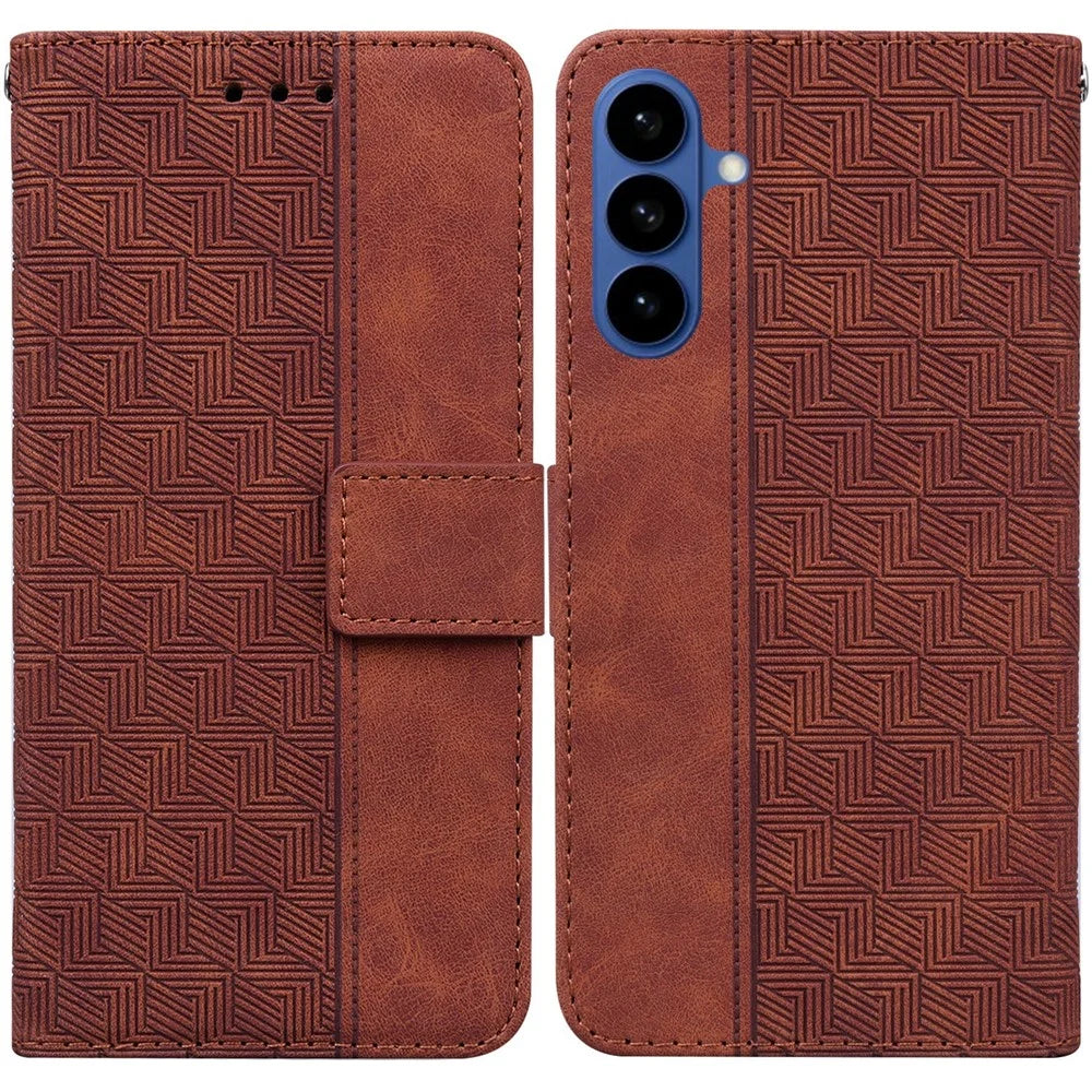 For Samsung Galaxy A57 5G Case Geometry Pattern Leather Wallet Phone Cover with Wrist Strap - Brown - 1