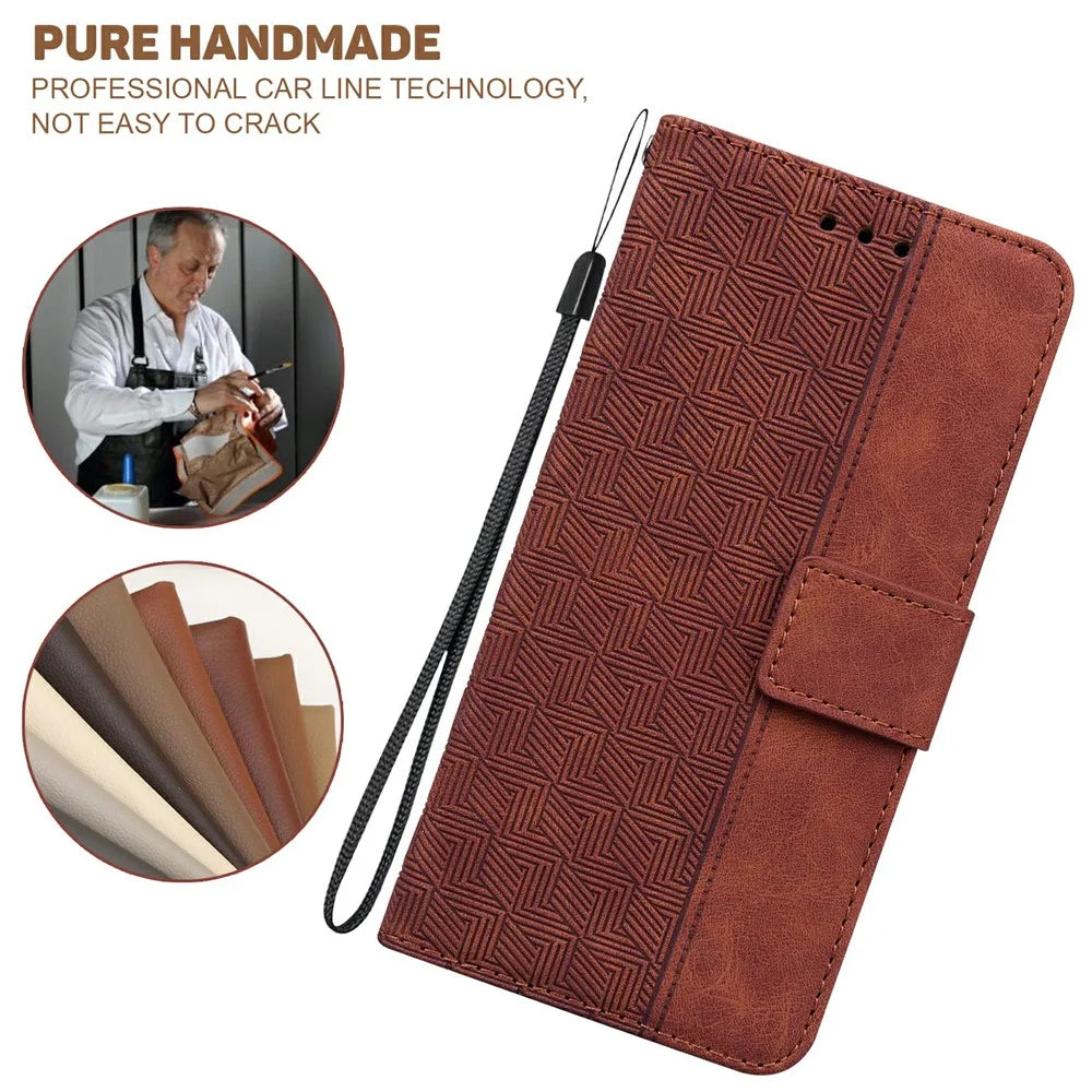 For Samsung Galaxy A57 5G Case Geometry Pattern Leather Wallet Phone Cover with Wrist Strap - Brown - 5