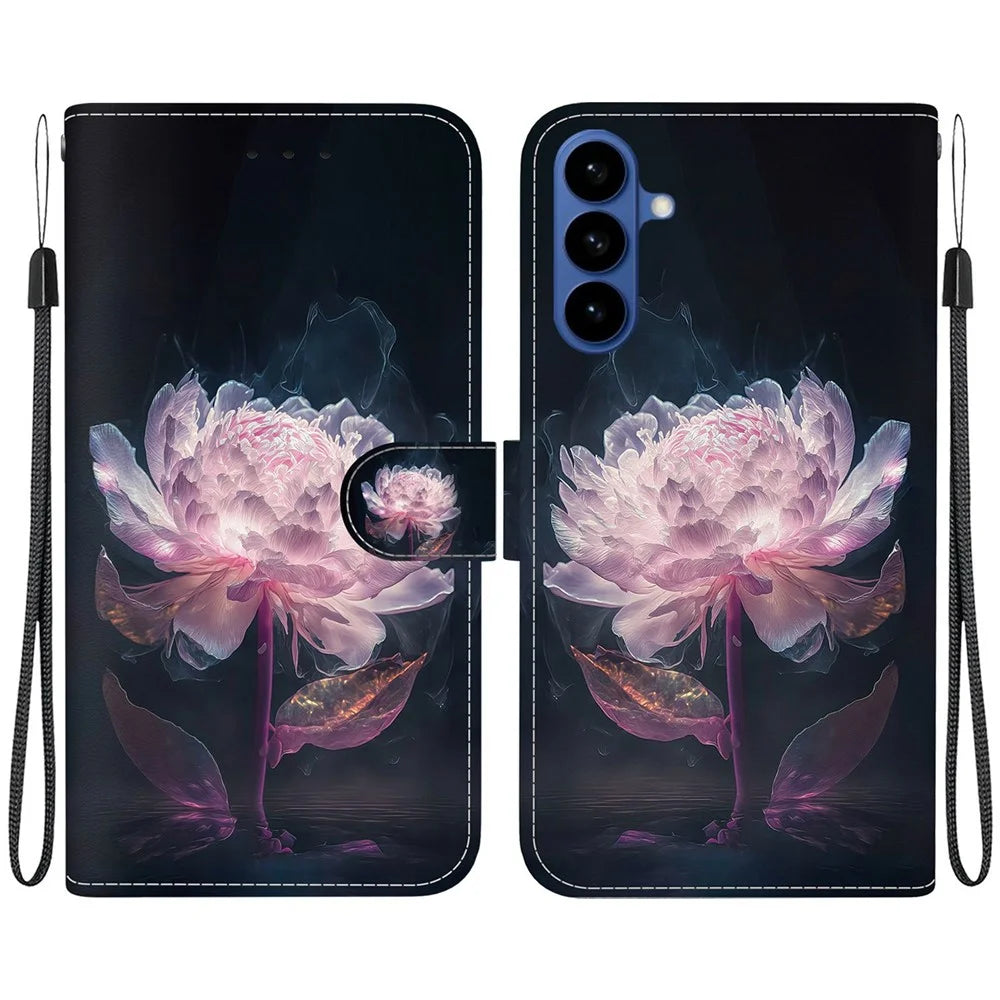 For Samsung Galaxy A57 5G Wallet Phone Case Anti-Drop Pattern Printing Leather Flip Cover with Strap - Purple Peony - 1