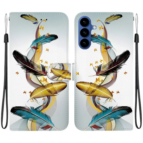 For Samsung Galaxy A57 5G Case Pattern Printing Leather Flip Wallet Phone Cover with Lanyard - Golden Butterfly Feather - 1