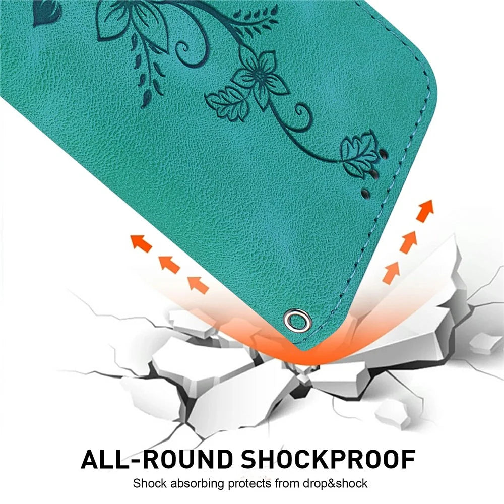 For Samsung Galaxy A57 5G Stand Case Lily Flower Imprint Leather Phone Cover with Wrist Strap - Green - 4