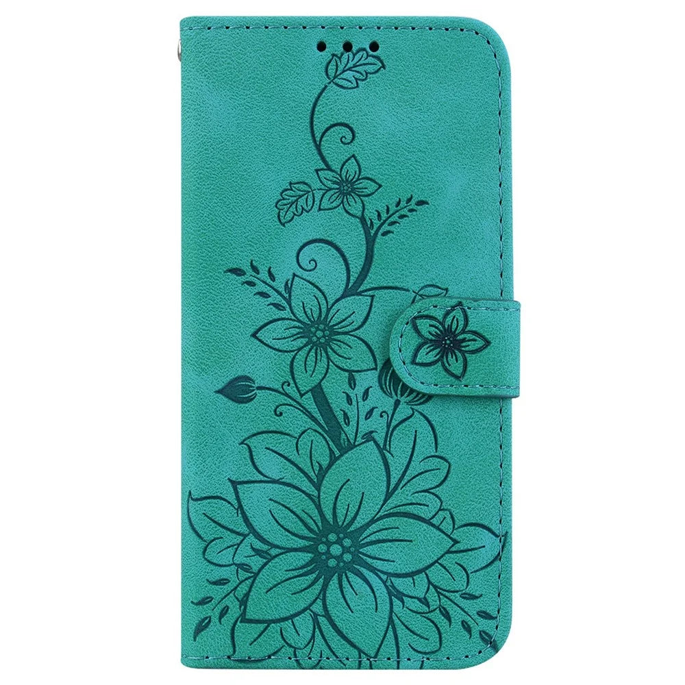 For Samsung Galaxy A57 5G Stand Case Lily Flower Imprint Leather Phone Cover with Wrist Strap - Green - 6