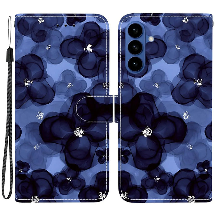 For Samsung Galaxy A57 5G Wallet Case Pattern Printing Leather Stand Phone Cover with Strap - Ink Blue Flower - 1