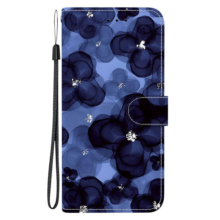 For Samsung Galaxy A57 5G Wallet Case Pattern Printing Leather Stand Phone Cover with Strap - Ink Blue Flower - 7