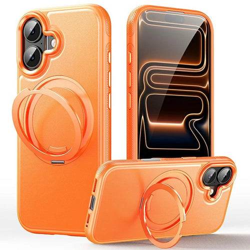 For iPhone 16 Case Compatible with MagSafe Rotating Kickstand Litchi Texture PC TPU Phone Cover - Orange - 1