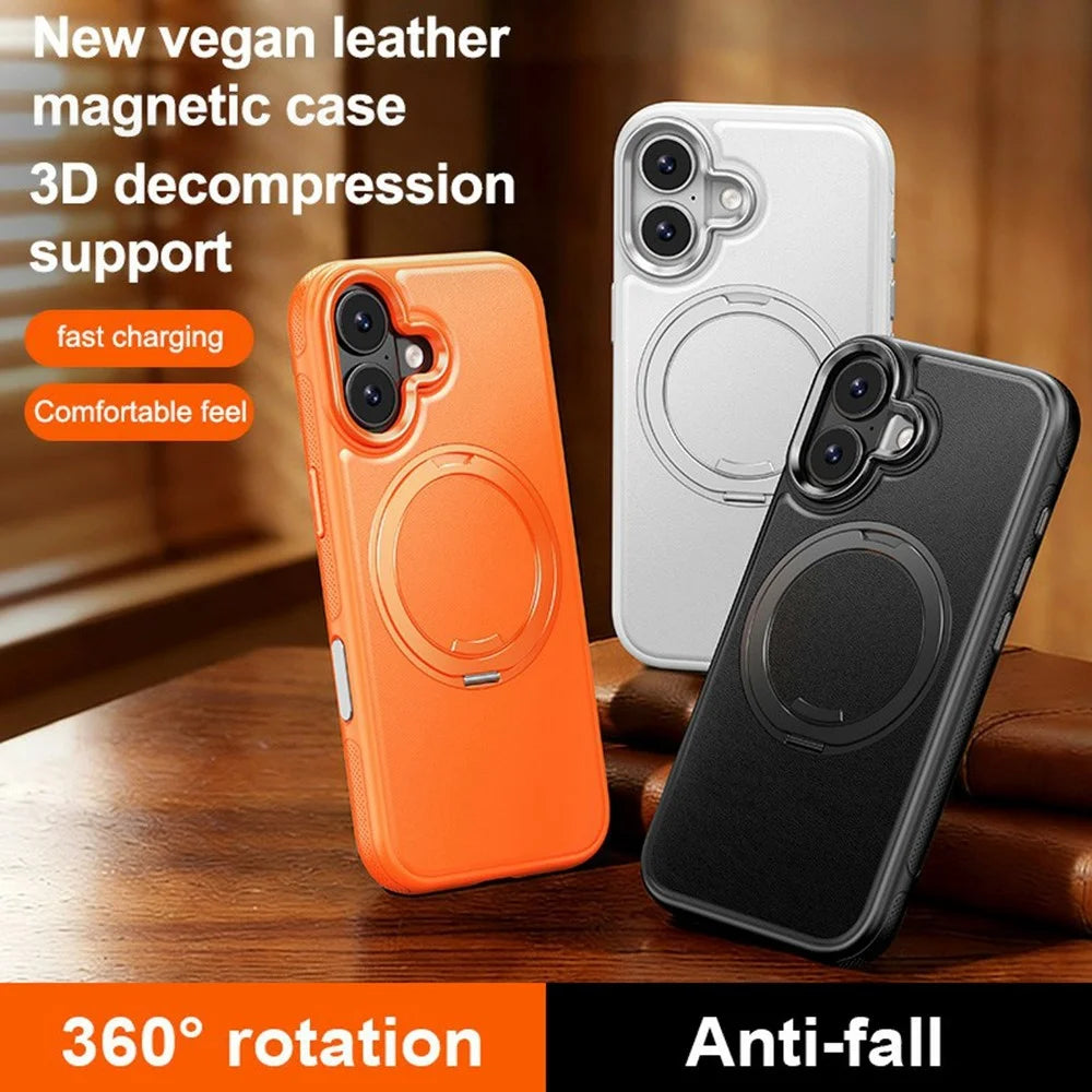 For iPhone 16 Case Compatible with MagSafe Rotating Kickstand Litchi Texture PC TPU Phone Cover - Orange - 2