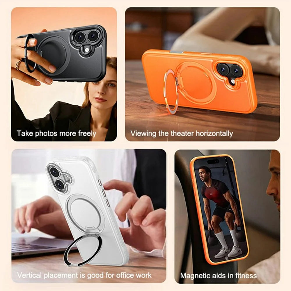 For iPhone 16 Case Compatible with MagSafe Rotating Kickstand Litchi Texture PC TPU Phone Cover - Orange - 7