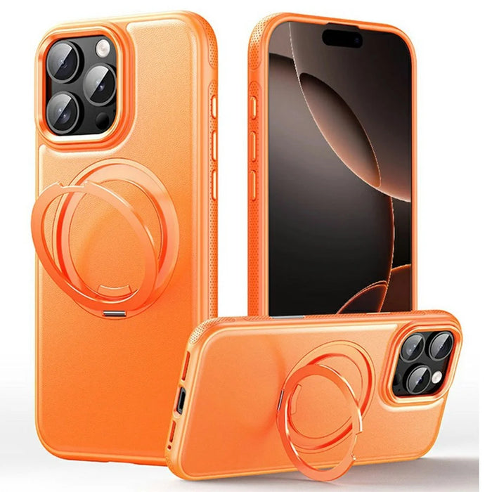 For iPhone 16 Pro Case Compatible with MagSafe Rotating Kickstand Litchi Texture PC TPU Phone Cover - Orange - 1