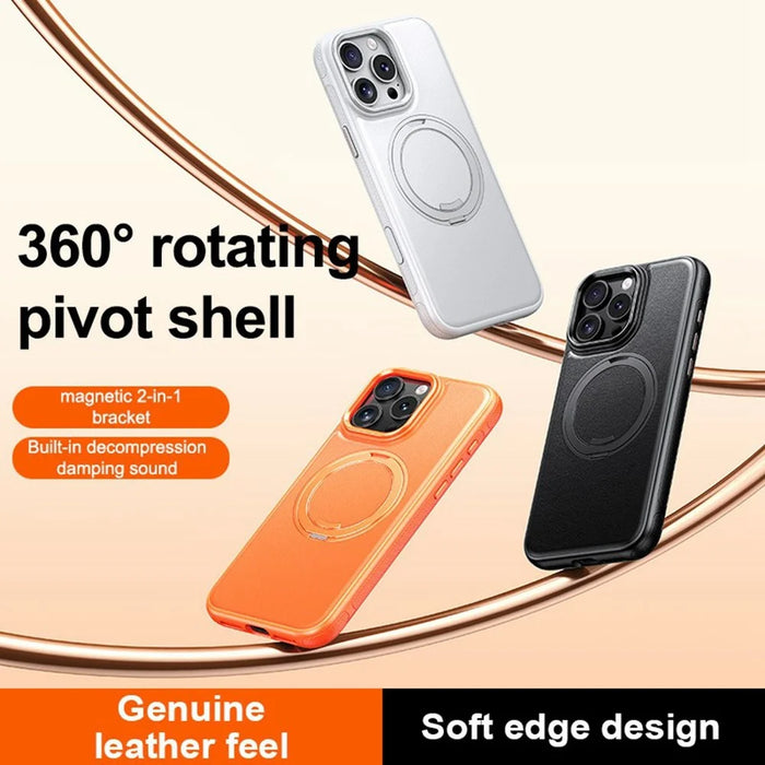 For iPhone 16 Pro Case Compatible with MagSafe Rotating Kickstand Litchi Texture PC TPU Phone Cover - Orange - 2